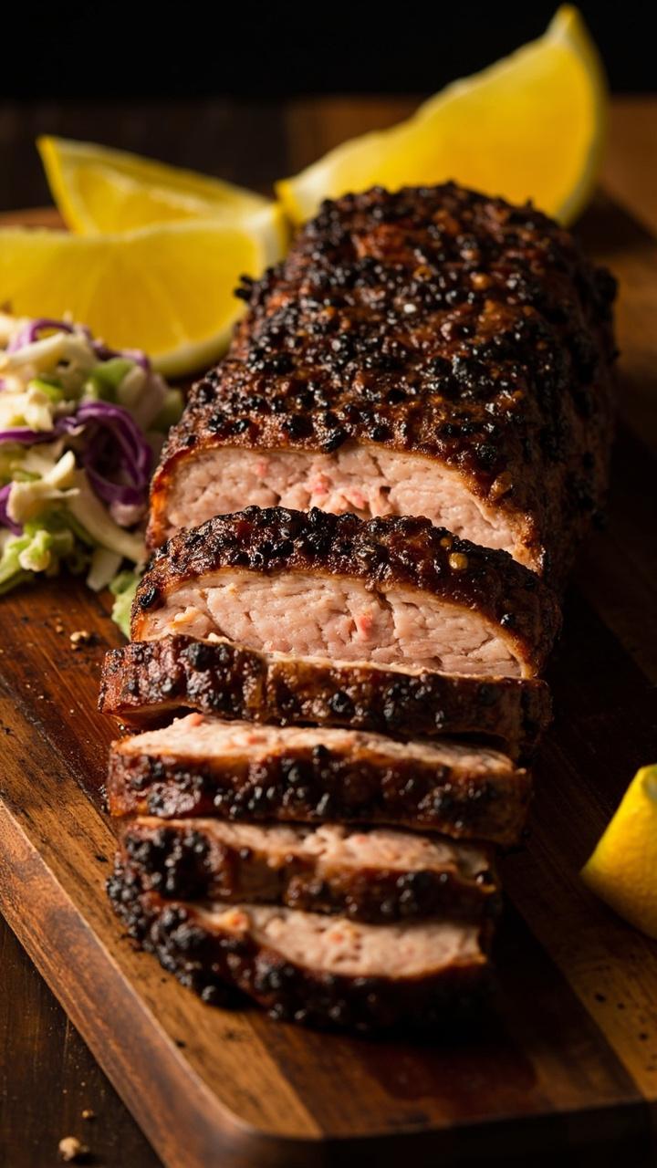 A pork tenderloin sliced to reveal a spicy dark crust, slices arranged on a wooden board, a small mound of tangy coleslaw beside the pork, lemon wedges on the side