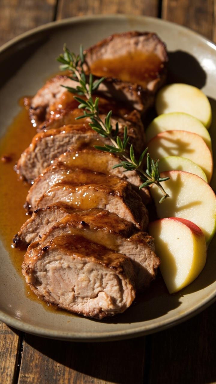 Sliced pork tenderloin with a light amber apple cider glaze, thin apple slices arranged beside the pork, a small sprig of thyme as garnish, a neutral ceramic plate on a wooden table
