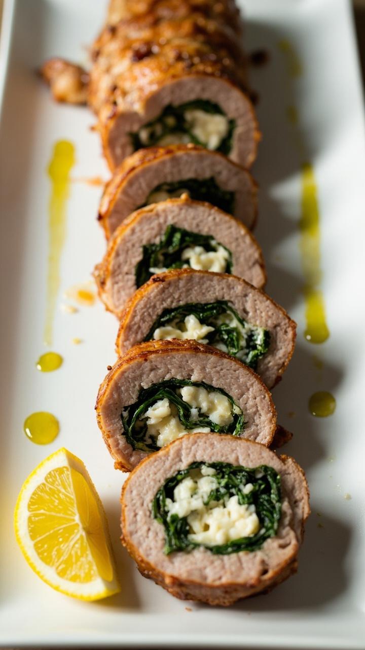 A butterflied pork tenderloin rolled and sliced to show a green spinach and white feta spiral, slices arranged on a long white platter, a drizzle of olive oil and a lemon wedge on the side