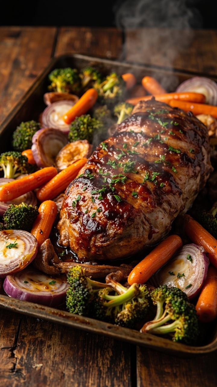 A whole pork tenderloin roasted in the center of a sheet pan surrounded by carrots, red onion wedges, and broccoli florets, everything caramelized with a light herb sprinkle, the sheet pan placed on a rustic countertop