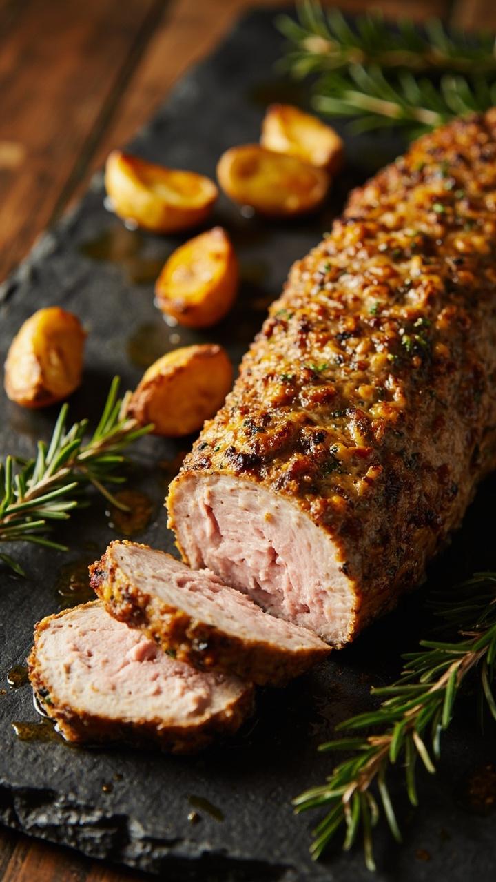A pork tenderloin with a golden mustard and herb crust sliced on a slate board, rosemary sprigs scattered as garnish, roasted fingerling potatoes beside the pork