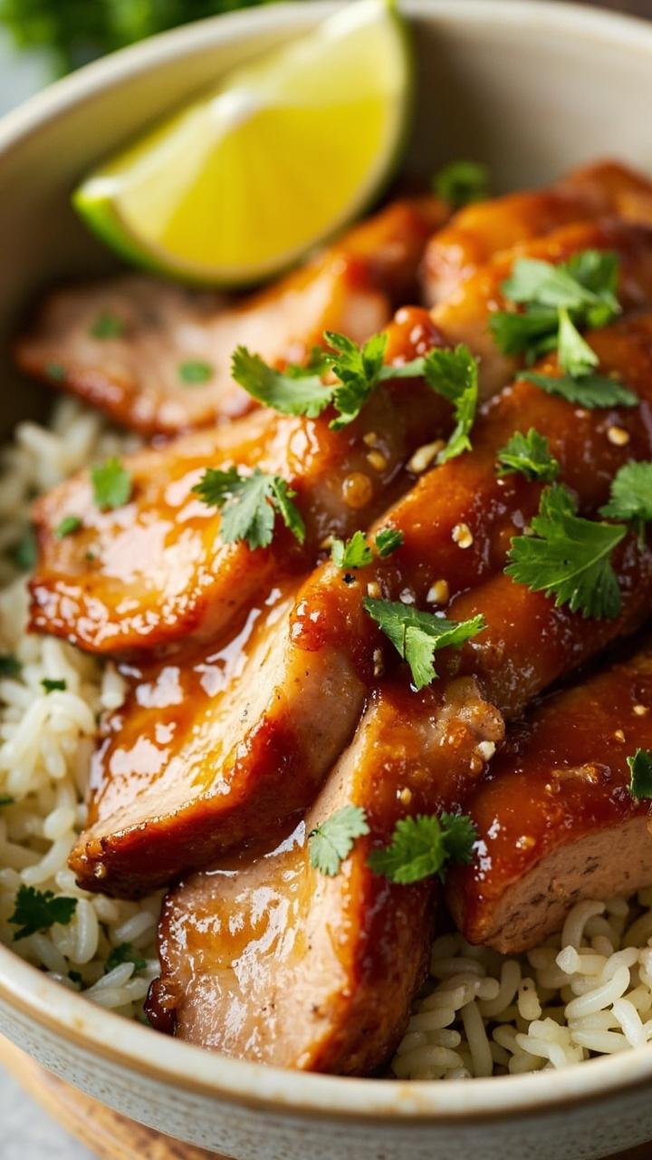 Thinly sliced pork tenderloin glazed in a honey lime sauce on a shallow bowl, a wedge of lime on the rim, a side of cilantro rice visible under a few slices, a sprinkle of chopped cilantro on top