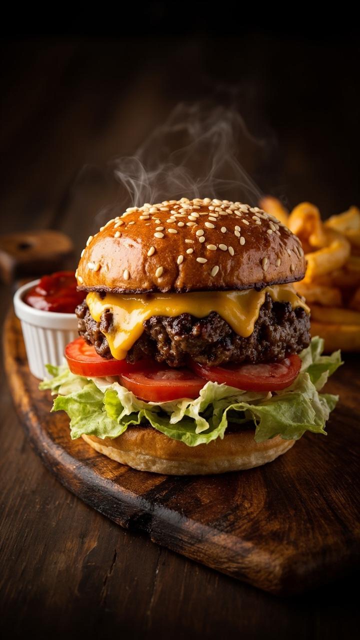 A toasted sesame bun with a juicy beef patty melted with cheddar, crisp iceberg lettuce, a bright red tomato slice, and a small ramekin of ketchup on the side on a wooden board