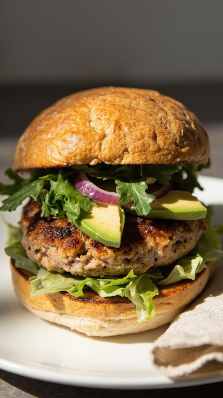 A whole wheat bun with a golden turkey patty topped with sliced avocado, arugula, and a thin red onion ring on a white plate with a linen napkin