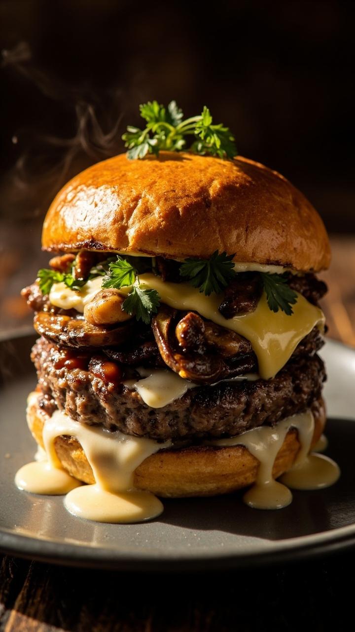 A soft brioche bun split to show a thick beef patty topped with sautéed brown mushrooms and a slice of melted Swiss cheese with a few parsley sprigs on a gray plate