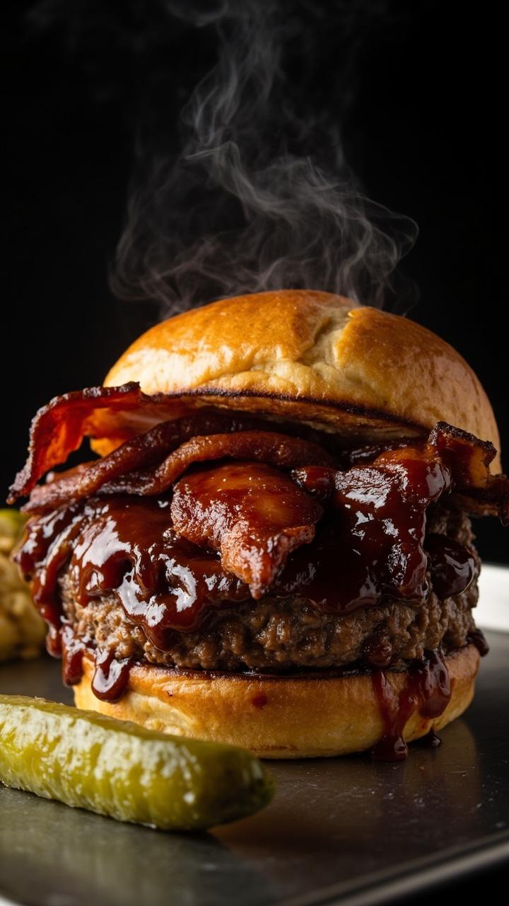 A toasted potato roll with a beef patty slathered in glossy BBQ sauce topped with two strips of crisp bacon and a small pickle spear on the side on a metal tray