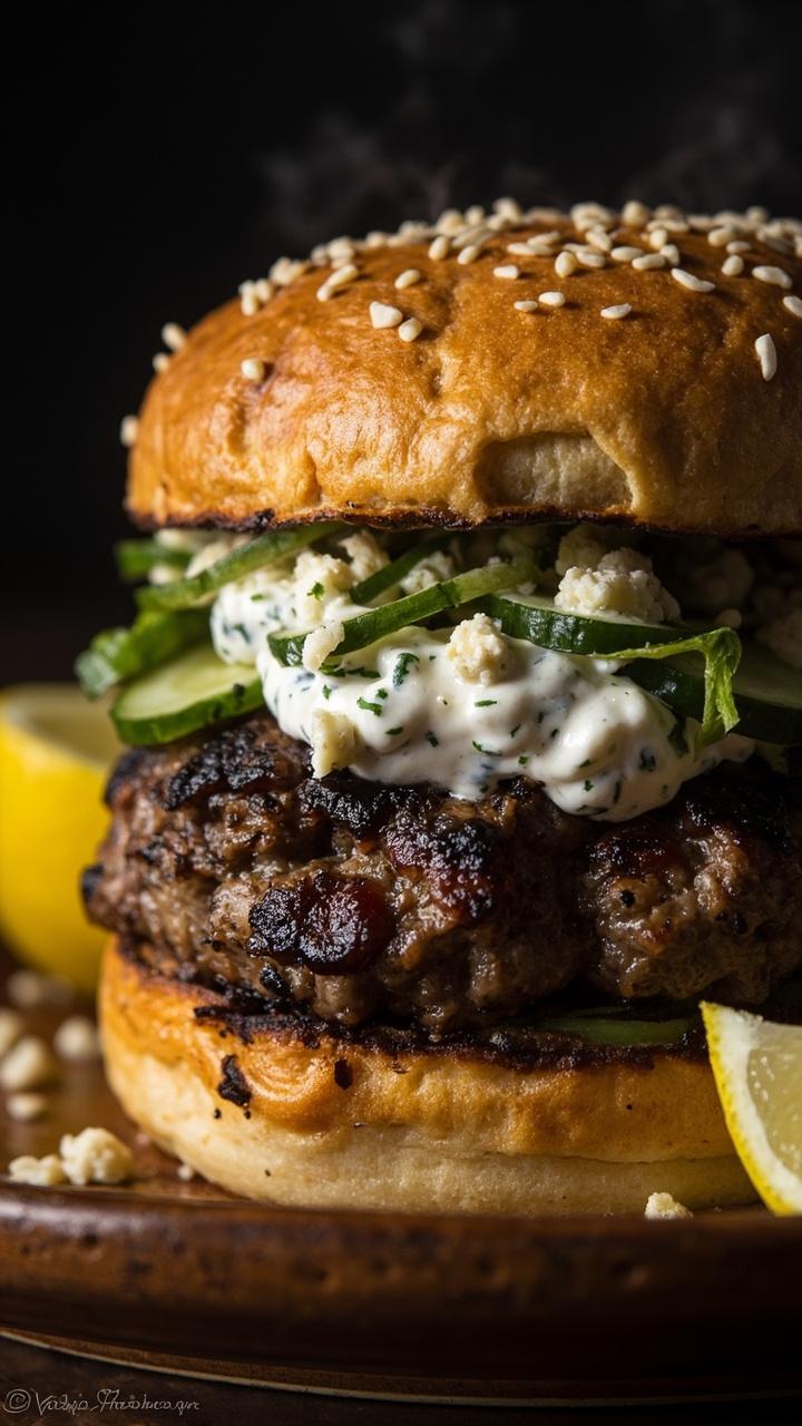 A sesame bun with a grilled lamb patty topped with a spoonful of tzatziki sliced cucumber and crumbled feta on a rustic plate with a lemon wedge