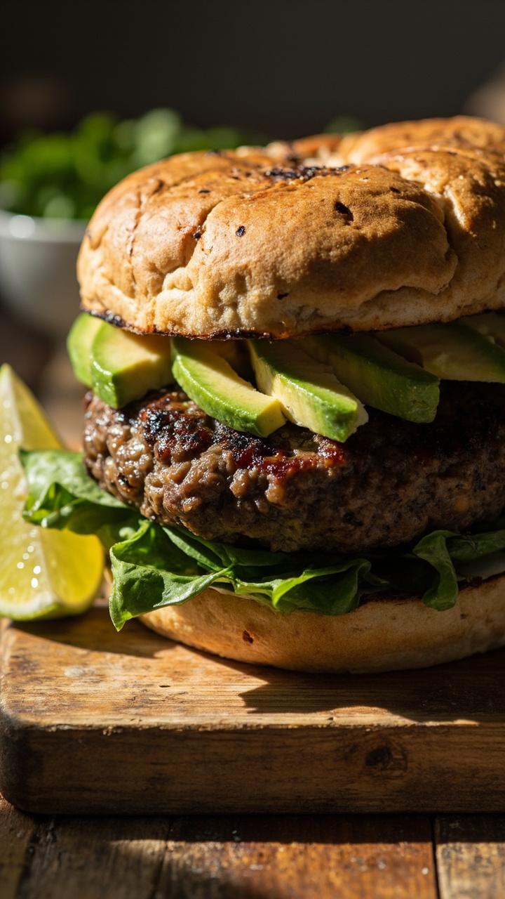 A whole grain bun with a thick black bean patty charred at the edges topped with sliced avocado a few leaves of spinach and a lime wedge on a small wooden board