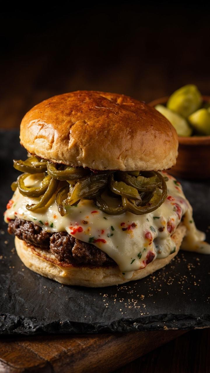 A toasted bun with a beef patty topped with melted pepper jack cheese and thin slices of pickled jalapeno with a small bowl of pickles nearby on a slate board