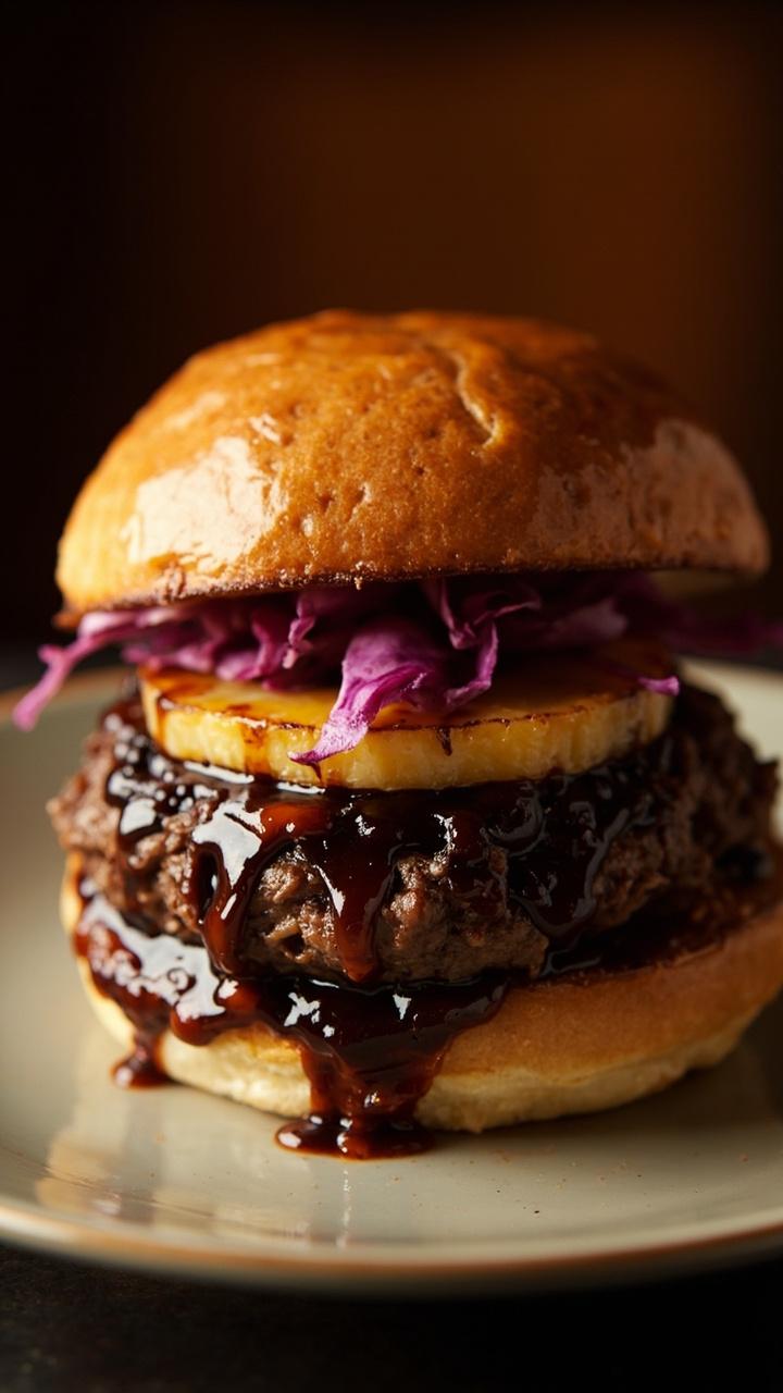 A glossy bun with a beef patty glazed in teriyaki sauce topped with a caramelized pineapple ring and a few slivers of red cabbage on a small round plate