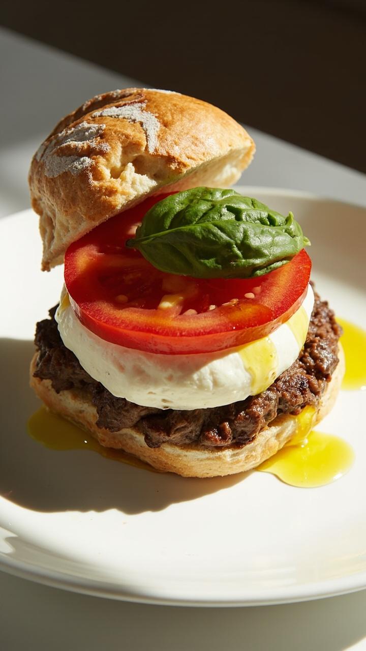A ciabatta roll with a beef patty topped with a thick slice of fresh mozzarella a tomato slice and a basil leaf drizzled with olive oil on a white plate