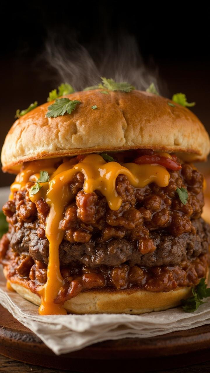 A sturdy bun with a beef patty smothered in chunky beef chili and melted cheddar with a sprinkling of cilantro on a deep dish plate with a napkin