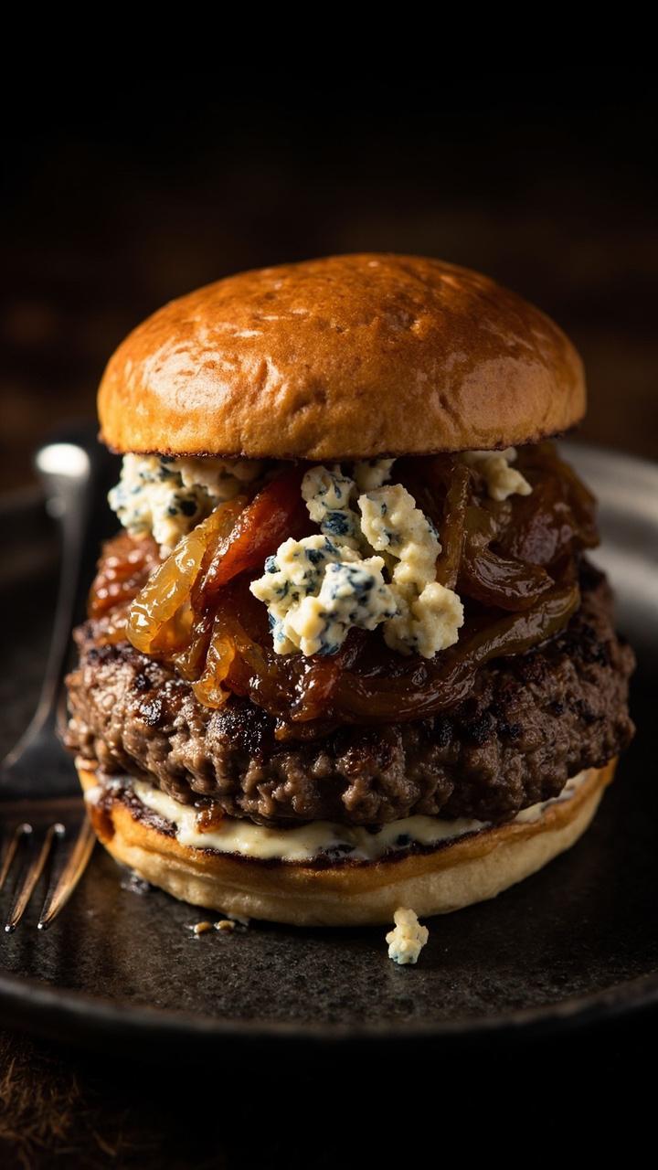 A toasted bun with a beef patty topped with creamy blue cheese crumbles and glossy caramelized onions on a dark plate with a fork