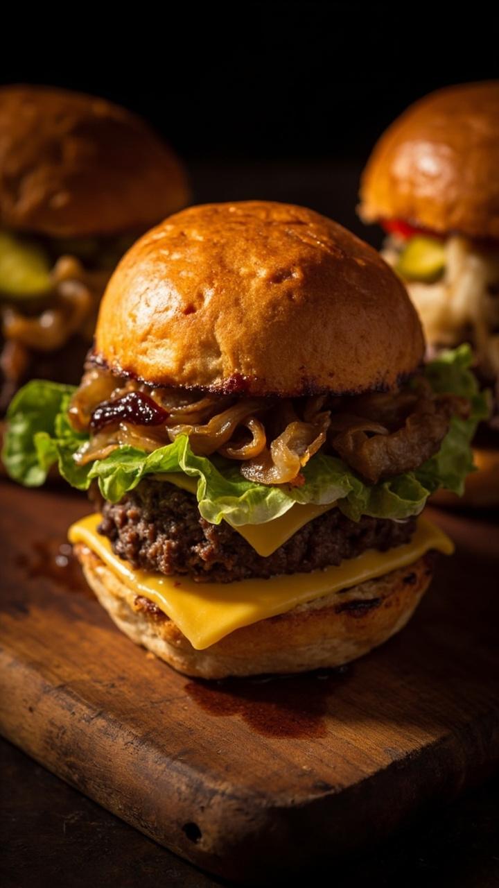 Three small butter toasted slider buns arranged on a wooden board each topped with a tiny patty one with cheddar and pickle one with caramelized onion and one with a small lettuce leaf and tomato slice