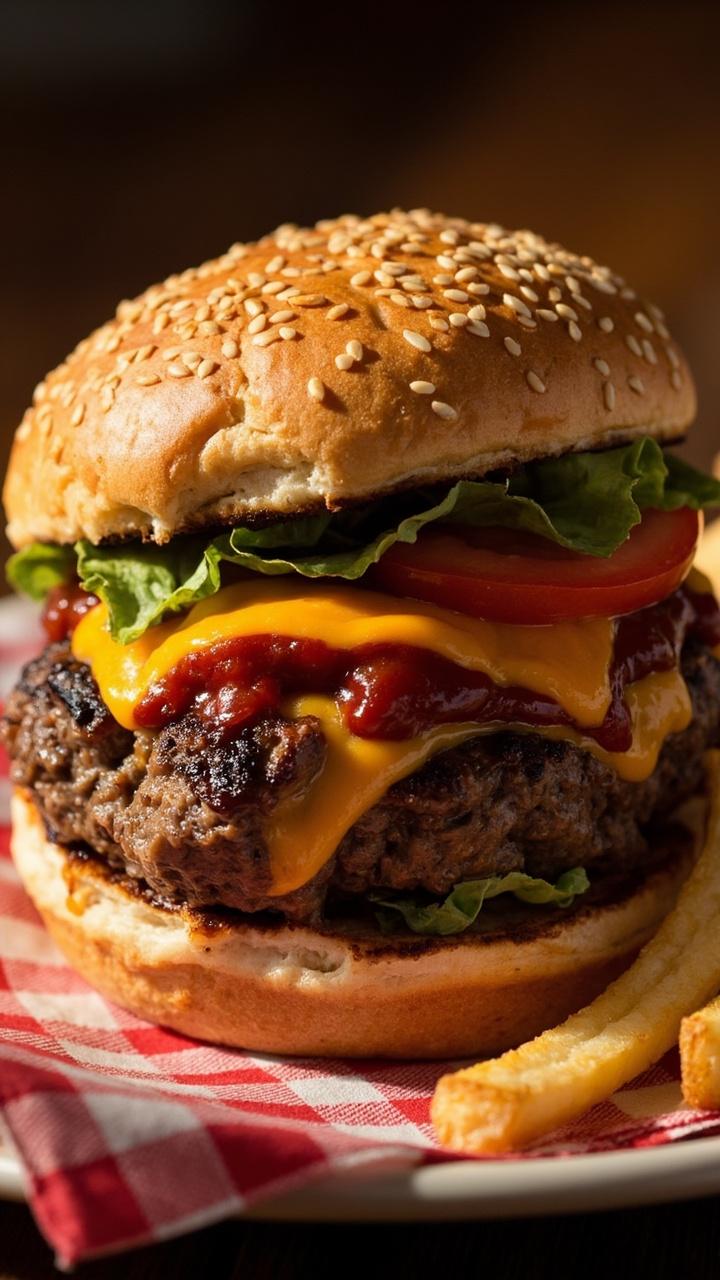 A single grilled beef patty on a toasted sesame bun with melted cheddar lettuce and tomato slice a smear of ketchup and mustard on the bun a small pile of golden oven fries on the side a checked napkin under the plate A single grilled beef patty on a toasted sesame bun with melted cheddar lettuce and tomato slice a smear of ketchup and mustard on the bun a small pile of golden oven fries on the side a checked napkin under the plate