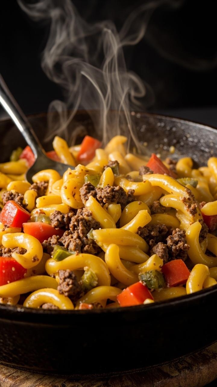 Creamy elbow pasta mixed with browned ground beef melted yellow cheese dotted with chopped pickles and diced tomatoes a single cast iron skillet on a wooden trivet and a spoon resting in the pasta steam rising Creamy elbow pasta mixed with browned ground beef melted yellow cheese dotted with chopped pickles and diced tomatoes a single cast iron skillet on a wooden trivet and a spoon resting in the pasta steam rising