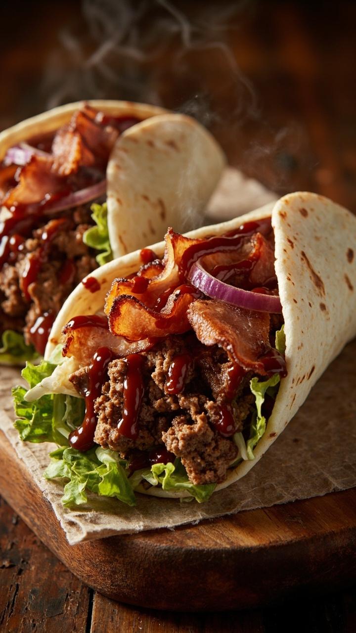 Two flour tortillas filled with crumbled grilled burger pieces strips of crispy bacon shredded lettuce thin red onion slices and a drizzle of BBQ sauce folded tightly and cut in half on a wooden board napkin tucked under the halves Two flour tortillas filled with crumbled grilled burger pieces strips of crispy bacon shredded lettuce thin red onion slices and a drizzle of BBQ sauce folded tightly and cut in half on a wooden board napkin tucked under the halves