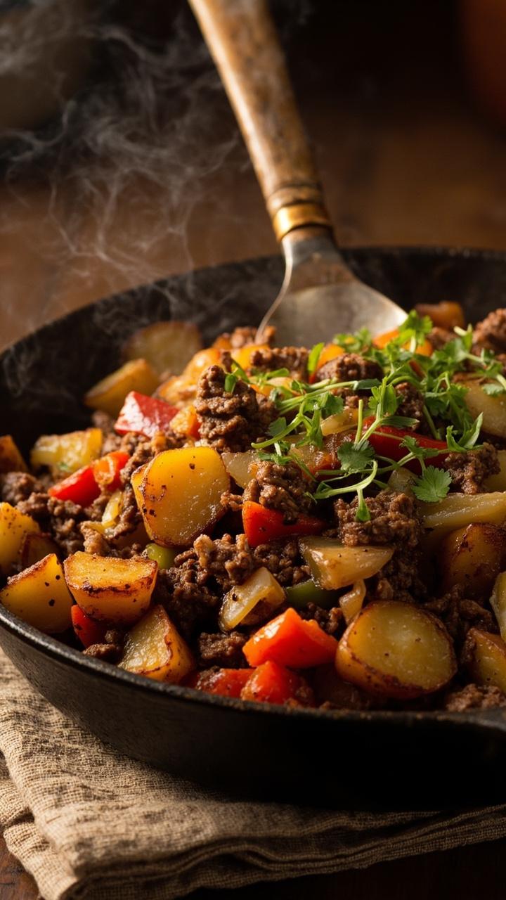 A shallow skillet piled with golden browned potato cubes crumbled seasoned beef diced bell pepper and caramelized onion sprigs of chopped parsley on top a rustic spoon rests in the skillet a linen napkin under the handle A shallow skillet piled with golden browned potato cubes crumbled seasoned beef diced bell pepper and caramelized onion sprigs of chopped parsley on top a rustic spoon rests in the skillet a linen napkin under the handle