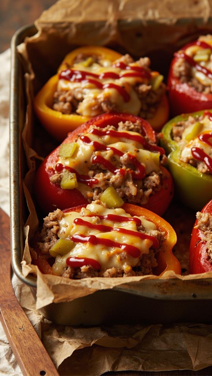 Bright bell peppers halved and roasted filled with a mixture of seasoned ground beef rice melted cheddar and chopped pickles a drizzle of ketchup on top a baking dish lined with parchment and a wooden spoon nearby Bright bell peppers halved and roasted filled with a mixture of seasoned ground beef rice melted cheddar and chopped pickles a drizzle of ketchup on top a baking dish lined with parchment and a wooden spoon nearby