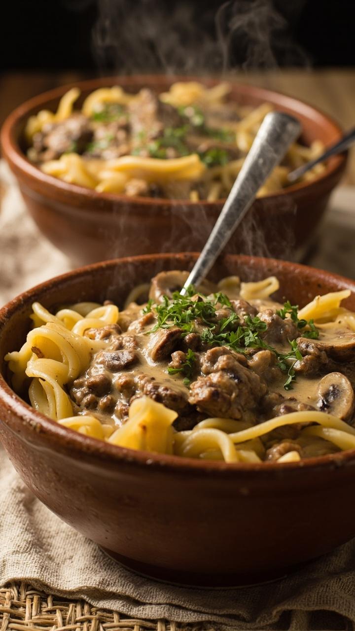 Bowls of wide egg noodles topped with creamy mushroom and beef sauce tender browned ground beef sliced mushrooms parsley sprinkled on top a spoon in one bowl a linen placemat under the bowls Bowls of wide egg noodles topped with creamy mushroom and beef sauce tender browned ground beef sliced mushrooms parsley sprinkled on top a spoon in one bowl a linen placemat under the bowls