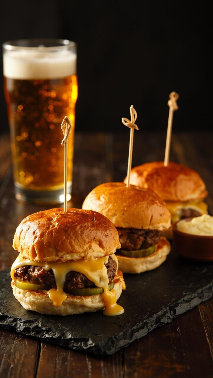 Three small slider buns lined on a slate with tiny beef patties melted cheese quick sliced pickles and a small ramekin of sauce beside them a few toothpicks hold the sliders together a beer glass in the background Three small slider buns lined on a slate with tiny beef patties melted cheese quick sliced pickles and a small ramekin of sauce beside them a few toothpicks hold the sliders together a beer glass in the background