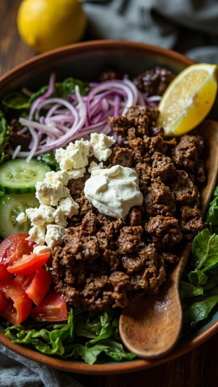 A bowl with a bed of mixed greens topped with crumbled seasoned beef cucumber tomato red onion feta cheese and a dollop of tzatziki a lemon wedge on the side a wooden spoon beside the bowl A bowl with a bed of mixed greens topped with crumbled seasoned beef cucumber tomato red onion feta cheese and a dollop of tzatziki a lemon wedge on the side a wooden spoon beside the bowl