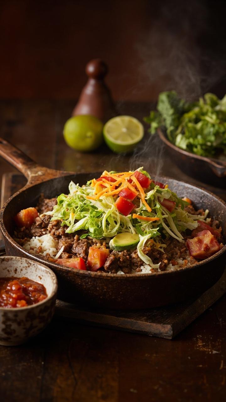 A rustic skillet with seasoned beef and fluffy rice topped with shredded lettuce diced tomato sliced avocado and a sprinkle of cheddar cheese a lime half nearby a small bowl of salsa at the edge A rustic skillet with seasoned beef and fluffy rice topped with shredded lettuce diced tomato sliced avocado and a sprinkle of cheddar cheese a lime half nearby a small bowl of salsa at the edge