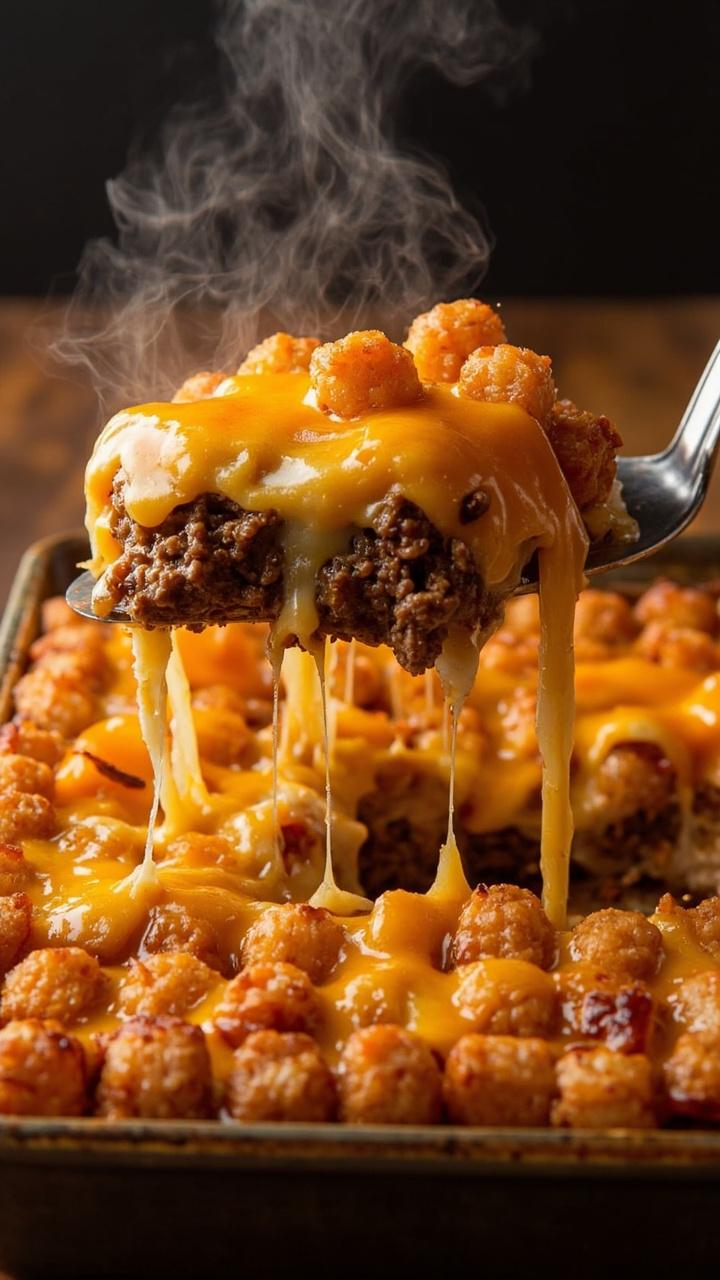 A baking dish with a golden tater tot crust over a cheesy beef layer a few tots slightly crisped edges melted cheddar bubbling a spatula lifting a generous portion onto a plate A baking dish with a golden tater tot crust over a cheesy beef layer a few tots slightly crisped edges melted cheddar bubbling a spatula lifting a generous portion onto a plate
