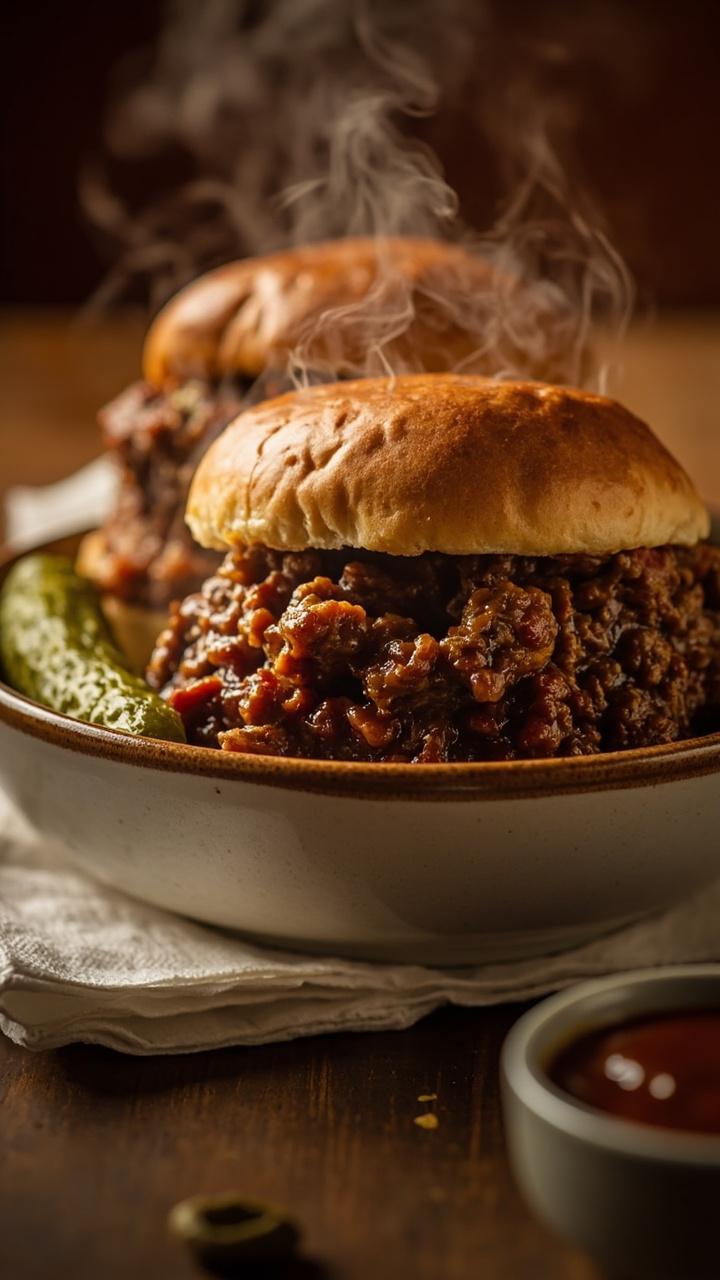A bowl of saucy ground beef spooned over soft hamburger buns with a pickle spear on the side a small bowl of extra sauce and a napkin under the bowl steam visible from the warm meat A bowl of saucy ground beef spooned over soft hamburger buns with a pickle spear on the side a small bowl of extra sauce and a napkin under the bowl steam visible from the warm meat