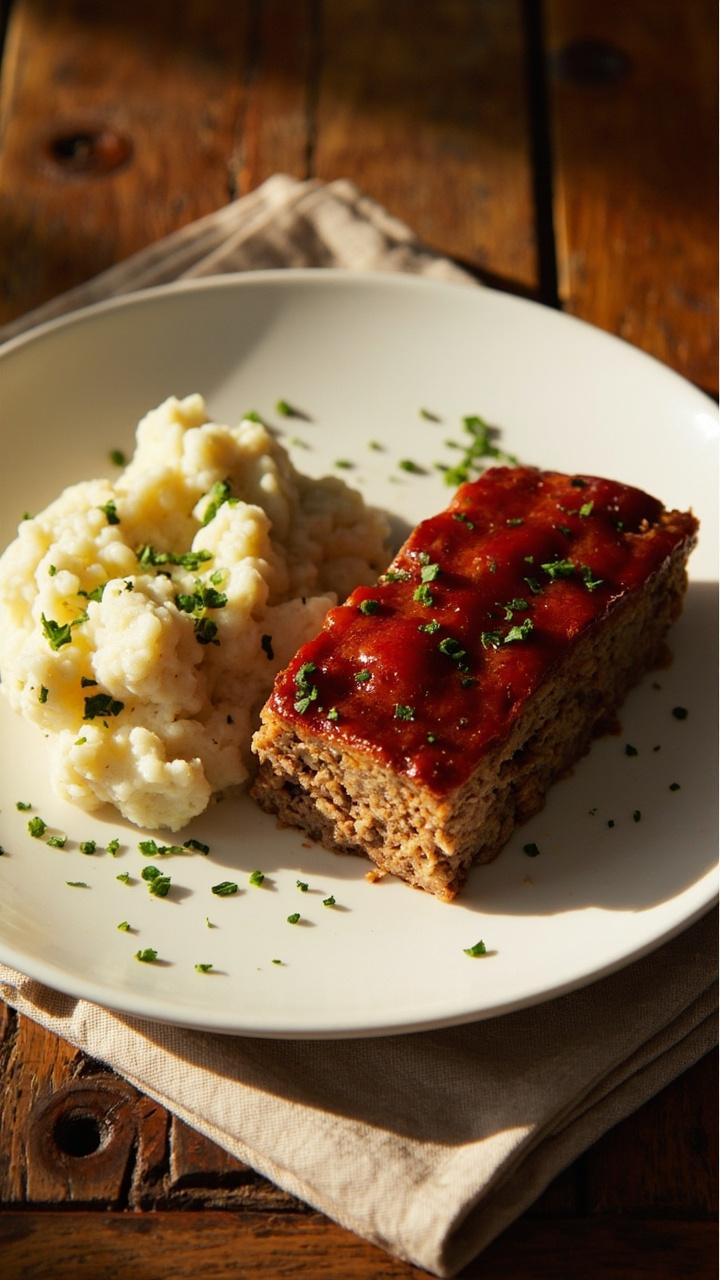 A single thick slice of golden brown turkey meatloaf on a simple white plate, glossy thin tomato glaze on top, a small pile of mashed cauliflower beside it, a sprinkle of chopped parsley, rustic wooden table and a linen napkin. A single thick slice of golden brown turkey meatloaf on a simple white plate, glossy thin tomato glaze on top, a small pile of mashed cauliflower beside it, a sprinkle of chopped parsley, rustic wooden table and a linen napkin.
