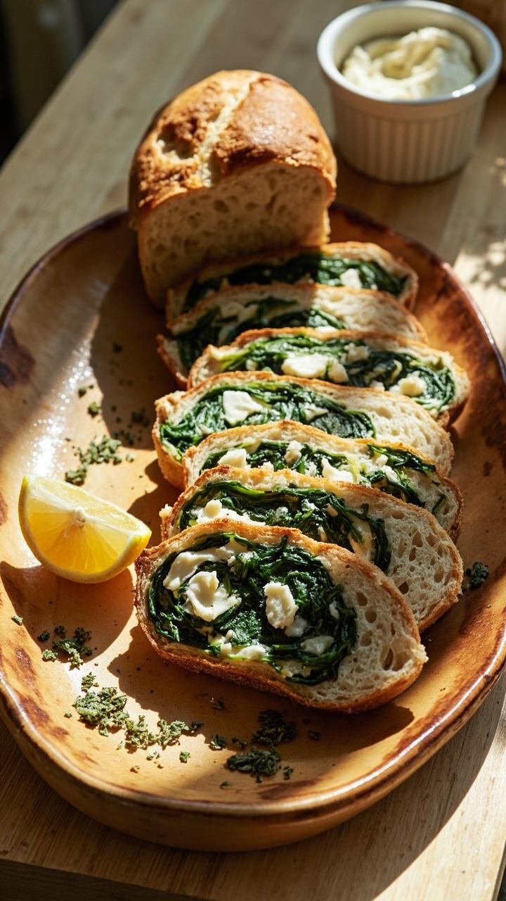 A loaf sliced to show flecks of green spinach and white feta, slices arranged on a warm oval platter, a wedge of lemon and scattered chopped oregano, a small bowl of tzatziki on the side, light wood table. A loaf sliced to show flecks of green spinach and white feta, slices arranged on a warm oval platter, a wedge of lemon and scattered chopped oregano, a small bowl of tzatziki on the side, light wood table.
