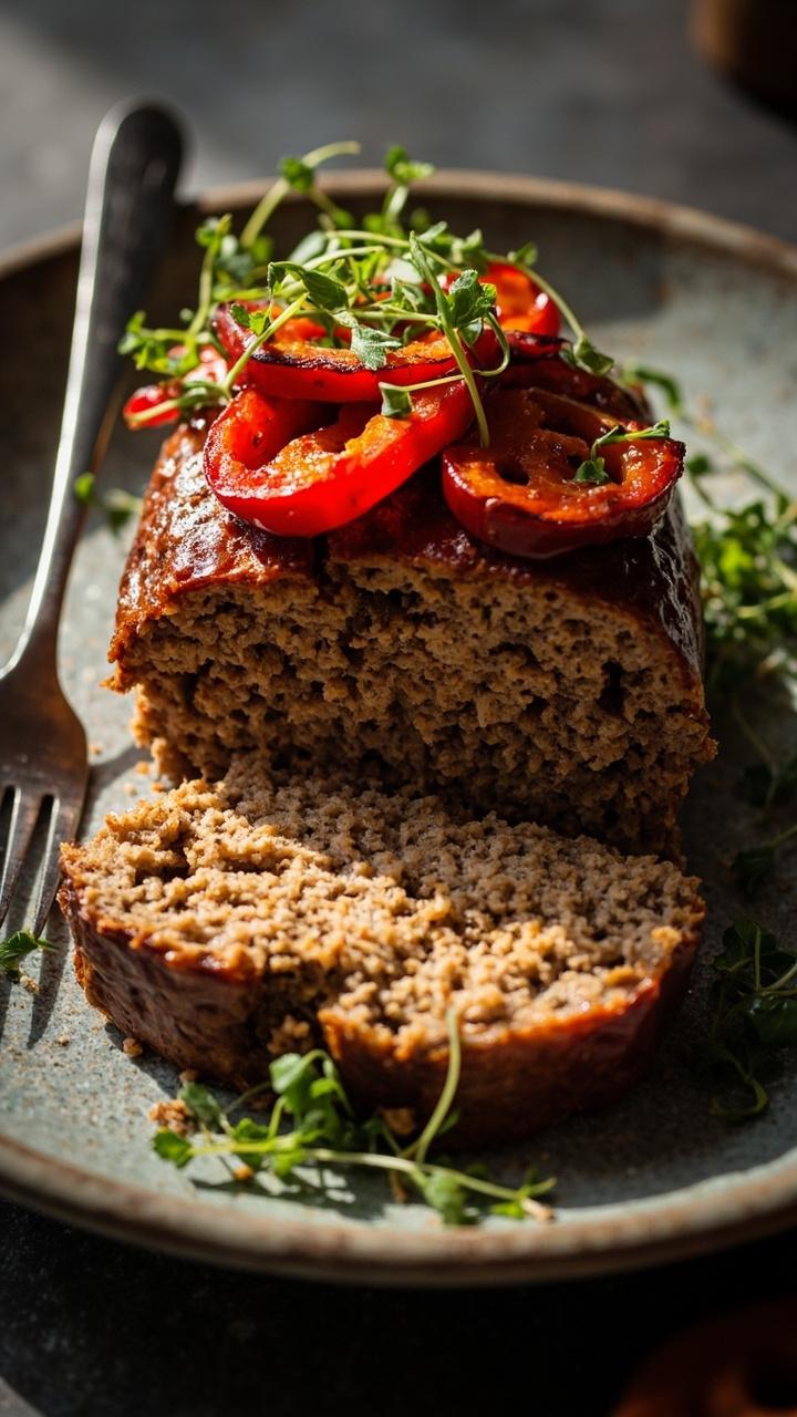 Two thick slices of meatloaf stacked slightly, visible grains of quinoa in the slice, a few strips of roasted red pepper on top, microgreens as garnish, ceramic plate and a fork. Two thick slices of meatloaf stacked slightly, visible grains of quinoa in the slice, a few strips of roasted red pepper on top, microgreens as garnish, ceramic plate and a fork.