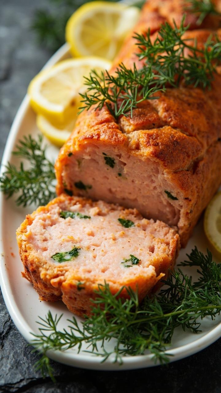 A salmon loaf sliced into wedges on a white platter, pale pink interior with green dill flecks, thin lemon slices and fresh dill sprigs as garnish, slate board underneath. A salmon loaf sliced into wedges on a white platter, pale pink interior with green dill flecks, thin lemon slices and fresh dill sprigs as garnish, slate board underneath.