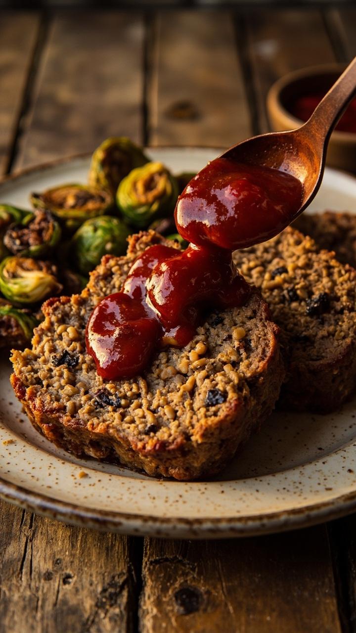A hearty slice of lentil meatloaf with visible lentil and mushroom pieces on a speckled plate, a spoonful of tomato glaze on top, roasted Brussels sprouts beside it, farmhouse table. A hearty slice of lentil meatloaf with visible lentil and mushroom pieces on a speckled plate, a spoonful of tomato glaze on top, roasted Brussels sprouts beside it, farmhouse table.