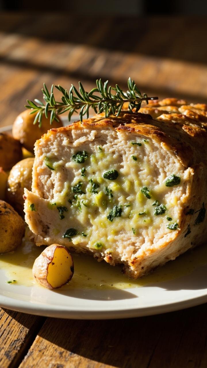 A golden chicken loaf slice with green specks of zucchini, a drizzle of light herb sauce, roasted baby potatoes on the side, sprig of thyme, white plate and wooden table. A golden chicken loaf slice with green specks of zucchini, a drizzle of light herb sauce, roasted baby potatoes on the side, sprig of thyme, white plate and wooden table.