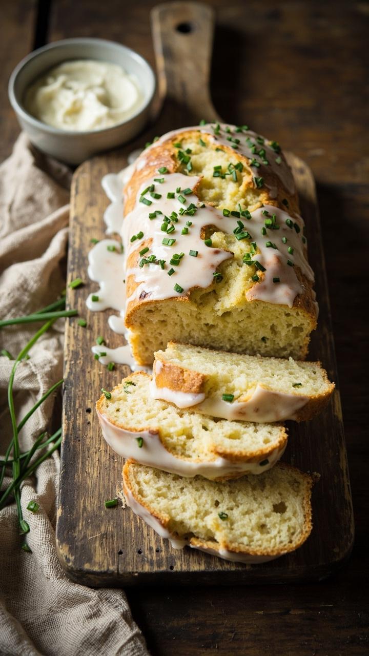 A loaf with a thin pale glaze of yogurt and herbs, slices fanned on a wooden board, a small bowl of extra yogurt glaze nearby, sprinkled chopped chives and a linen napkin. A loaf with a thin pale glaze of yogurt and herbs, slices fanned on a wooden board, a small bowl of extra yogurt glaze nearby, sprinkled chopped chives and a linen napkin.