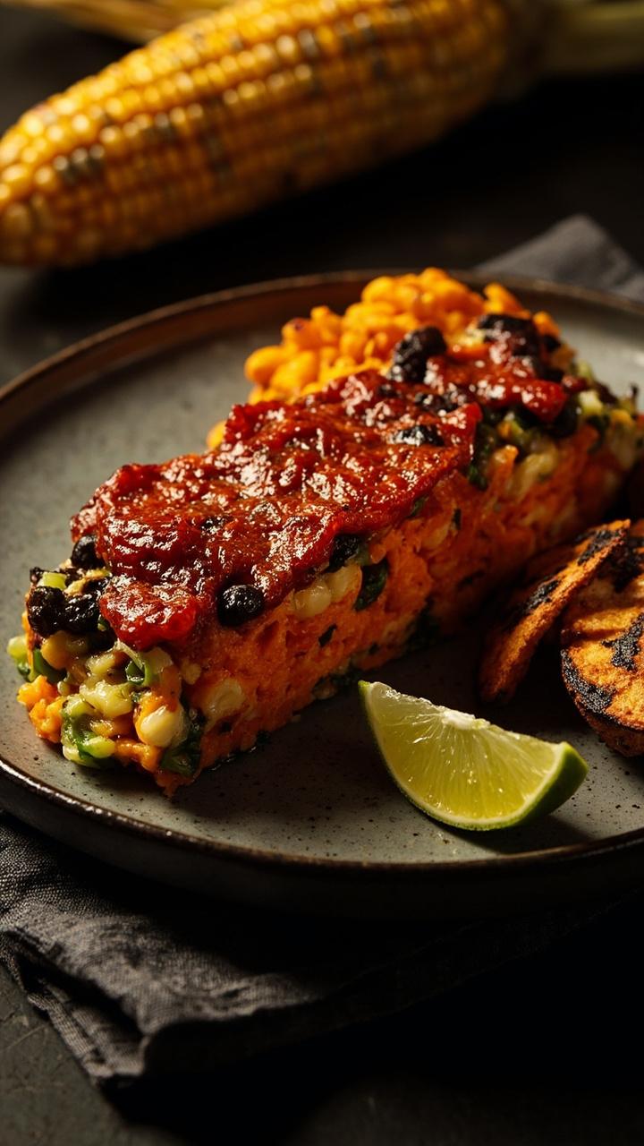 A slice showing orange sweet potato and black beans, a smear of smoky tomato glaze on top, roasted corn and a lime wedge on the side, dark plate and napkin. A slice showing orange sweet potato and black beans, a smear of smoky tomato glaze on top, roasted corn and a lime wedge on the side, dark plate and napkin.