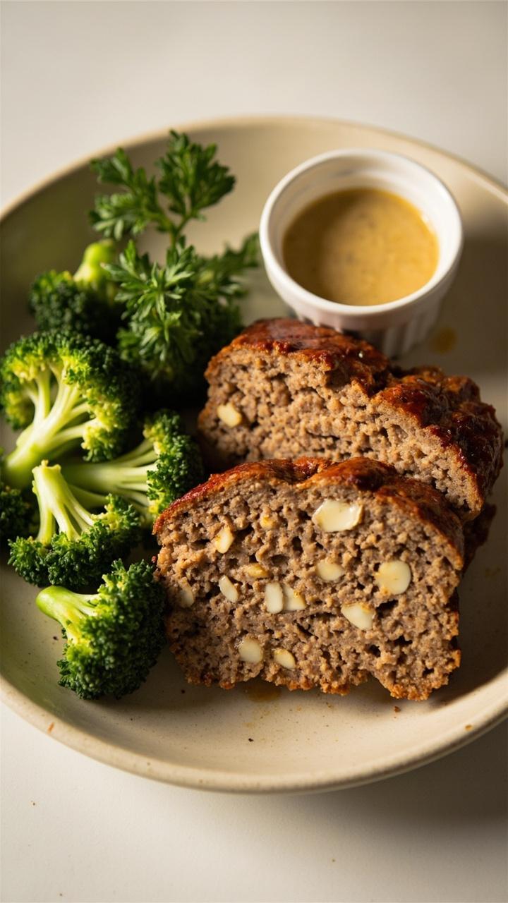 A single slice of meatloaf with tiny white cauliflower bits visible, a light gravy on the side in a small ramekin, steamed broccoli florets and a sprig of parsley, light colored plate. A single slice of meatloaf with tiny white cauliflower bits visible, a light gravy on the side in a small ramekin, steamed broccoli florets and a sprig of parsley, light colored plate.
