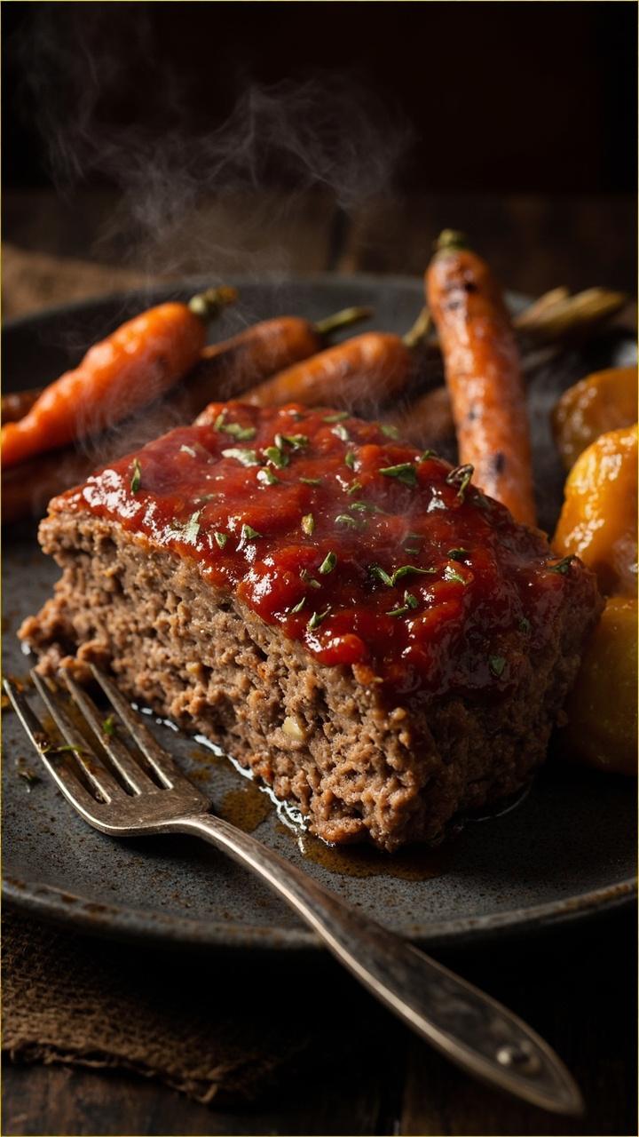 A thick beef meatloaf slice with browned edges and visible oats, a thin tomato and herb glaze brushed on top, roasted carrots on the side, dark ceramic plate and rustic fork. A thick beef meatloaf slice with browned edges and visible oats, a thin tomato and herb glaze brushed on top, roasted carrots on the side, dark ceramic plate and rustic fork.