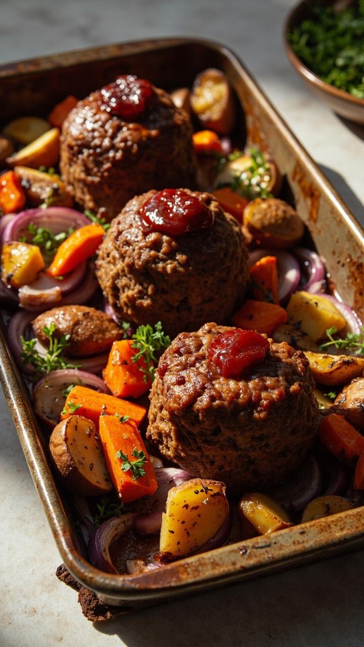 Three mini meatloaves lined up on a sheet pan or a long platter, each topped with a small dollop of glaze, roasted mixed vegetables tucked around them, garnish of chopped parsley, neutral countertop. Three mini meatloaves lined up on a sheet pan or a long platter, each topped with a small dollop of glaze, roasted mixed vegetables tucked around them, garnish of chopped parsley, neutral countertop.