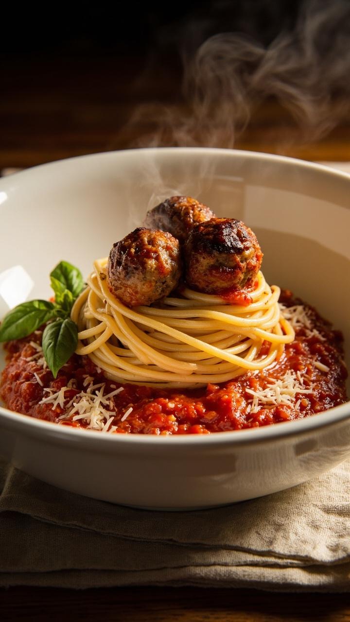 A deep white bowl of long spaghetti twirled into a neat mound topped with three browned meatballs and glossy red tomato sauce two small basil leaves tucked beside a scattering of grated parmesan and a linen napkin underneath