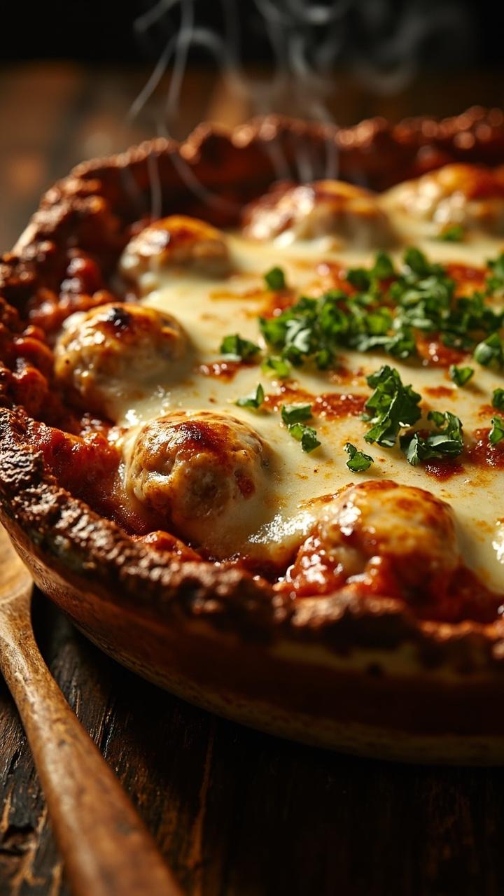 A shallow baking dish with a golden cheese crust visible around the edges melted mozzarella topping with a few meatballs peeking through a sprinkling of chopped parsley and a wooden serving spoon beside the dish
