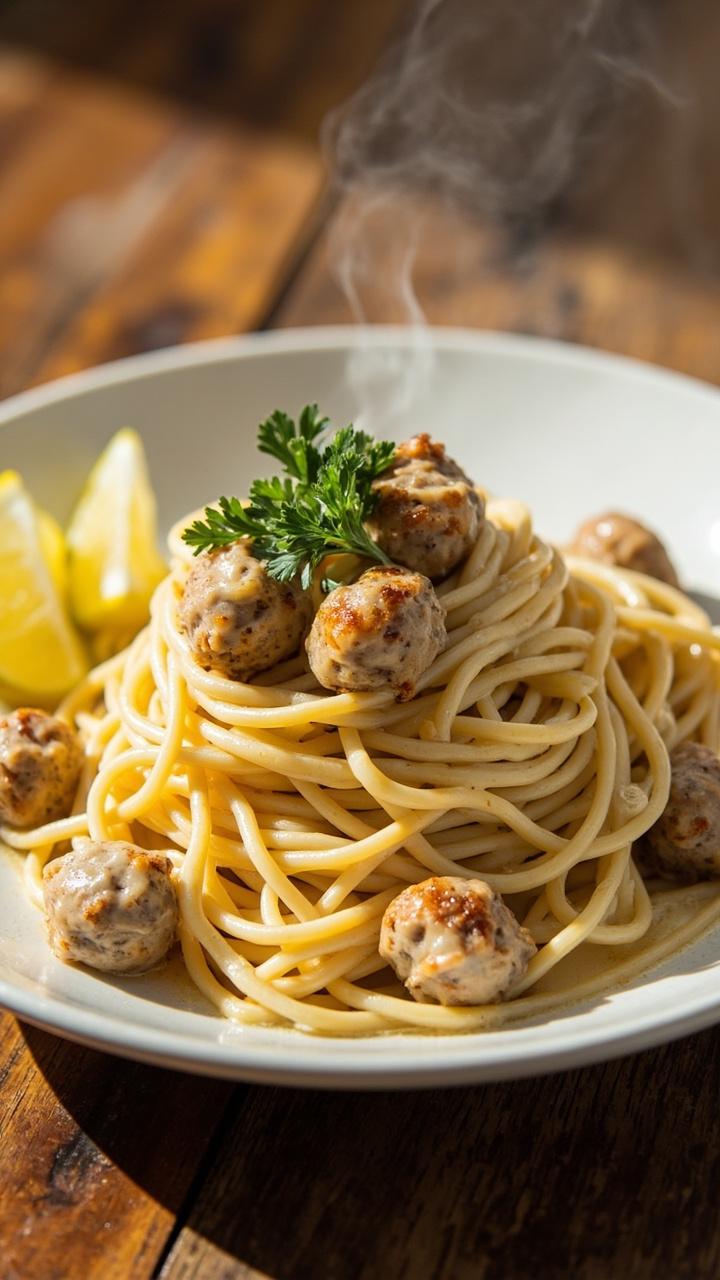 A shallow white plate with spaghetti coated in glossy pale sauce dotted with small golden turkey meatballs thin lemon slices on the side a sprig of parsley and a wooden table surface