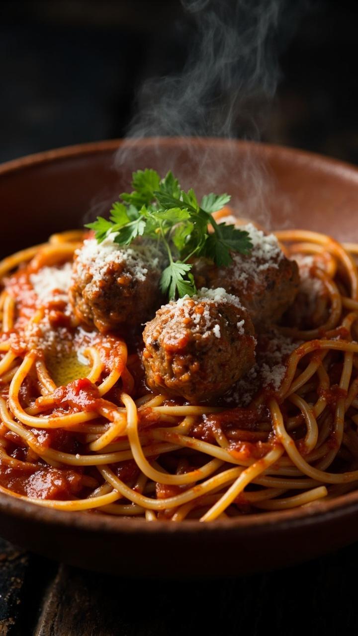 A shallow bowl of spaghetti with deep red sauce visible flecks of red chili paste three meatballs glazed in sauce a small drizzle of olive oil and a scattering of parsley and grated cheese