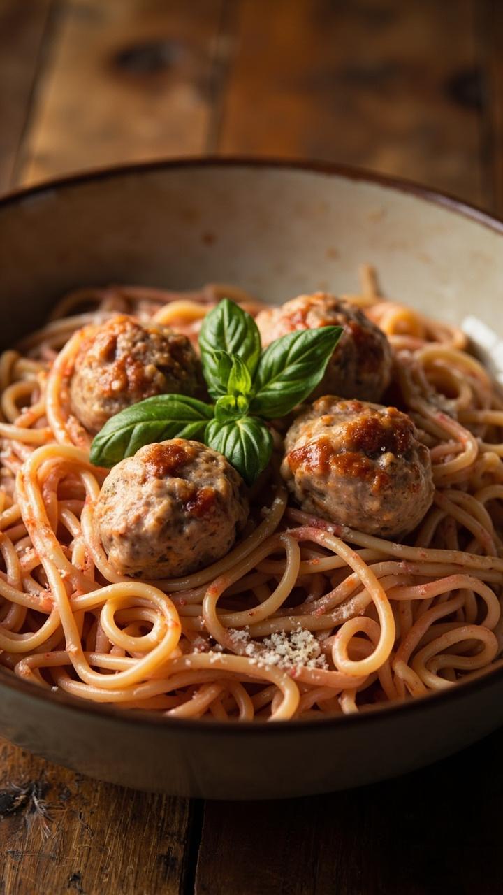 A shallow bowl with pale pink creamy tomato sauce coating spaghetti three medium meatballs a few basil leaves on top and a light dusting of grated parmesan on a wooden table