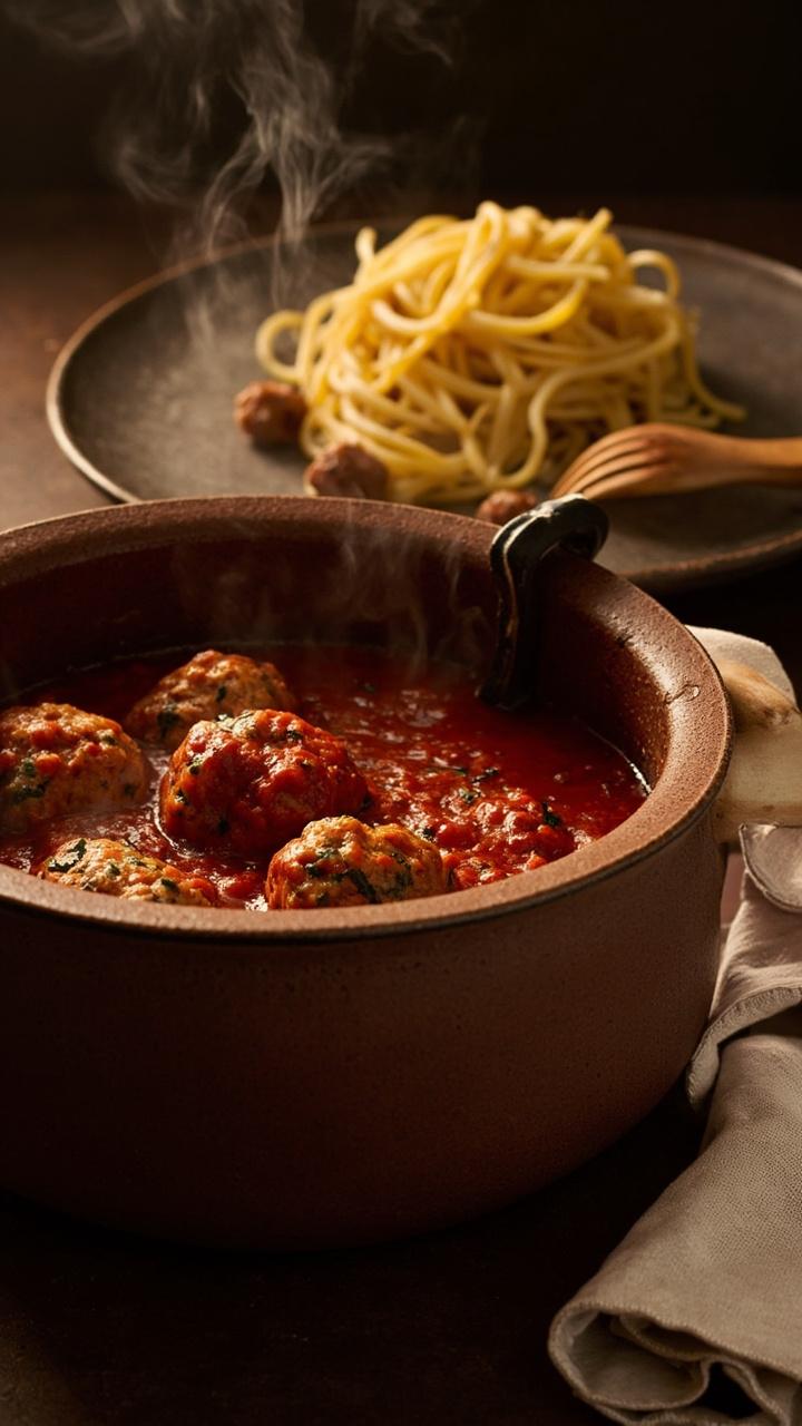 A rustic stoneware slow cooker with rich red sauce and several meatballs visible a plate with spaghetti piled nearby a wooden fork and a folded kitchen towel