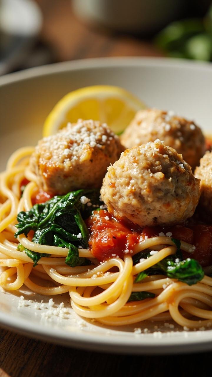 A shallow pasta plate with spaghetti tossed in light tomato sauce bright green wilted spinach strands tucked under three pale chicken meatballs a lemon wedge on the rim and a sprinkle of grated cheese