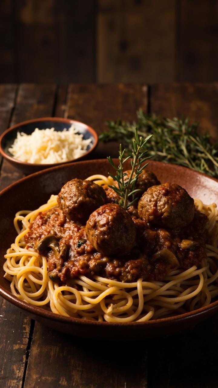 A wide shallow bowl with short strands of spaghetti coated in brownish ragù visible pieces of mushroom and three meatballs a sprig of thyme on top a dark wooden table and a small dish of grated cheese