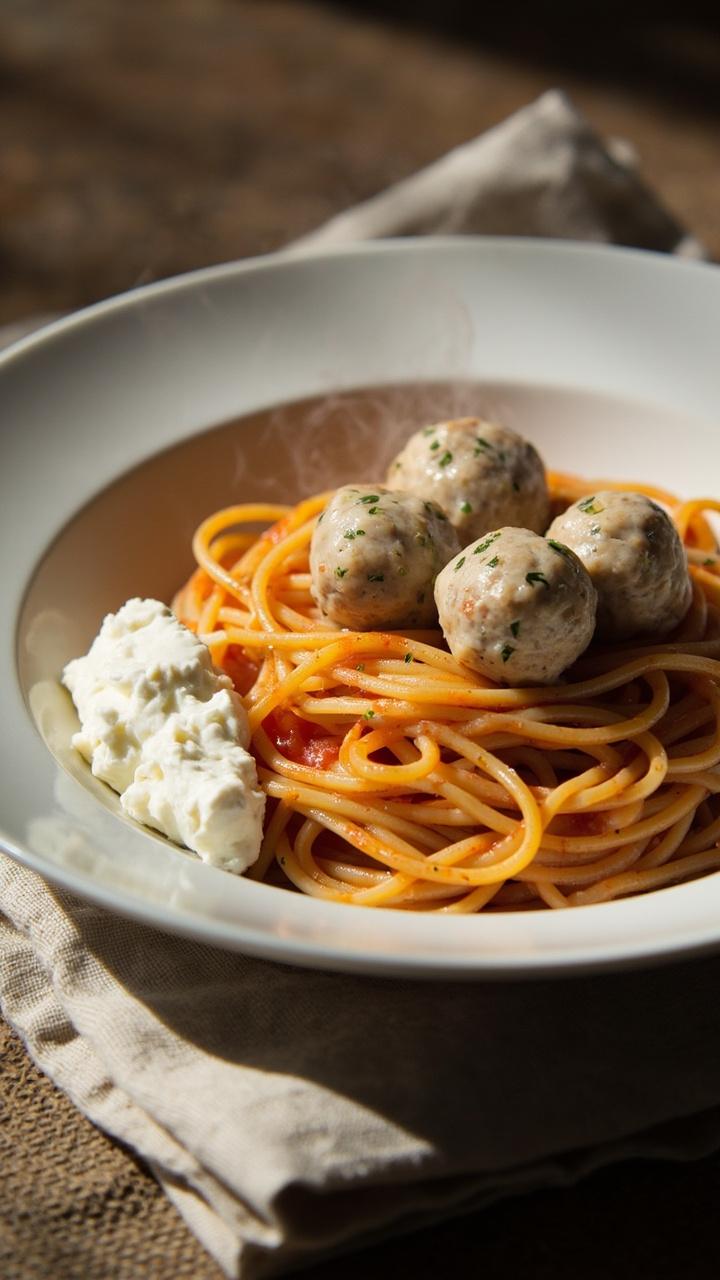 A white shallow bowl with spaghetti and a light tomato sauce three pale fluffy meatballs dotted with green herbs a spoonful of ricotta on the side and a linen placemat