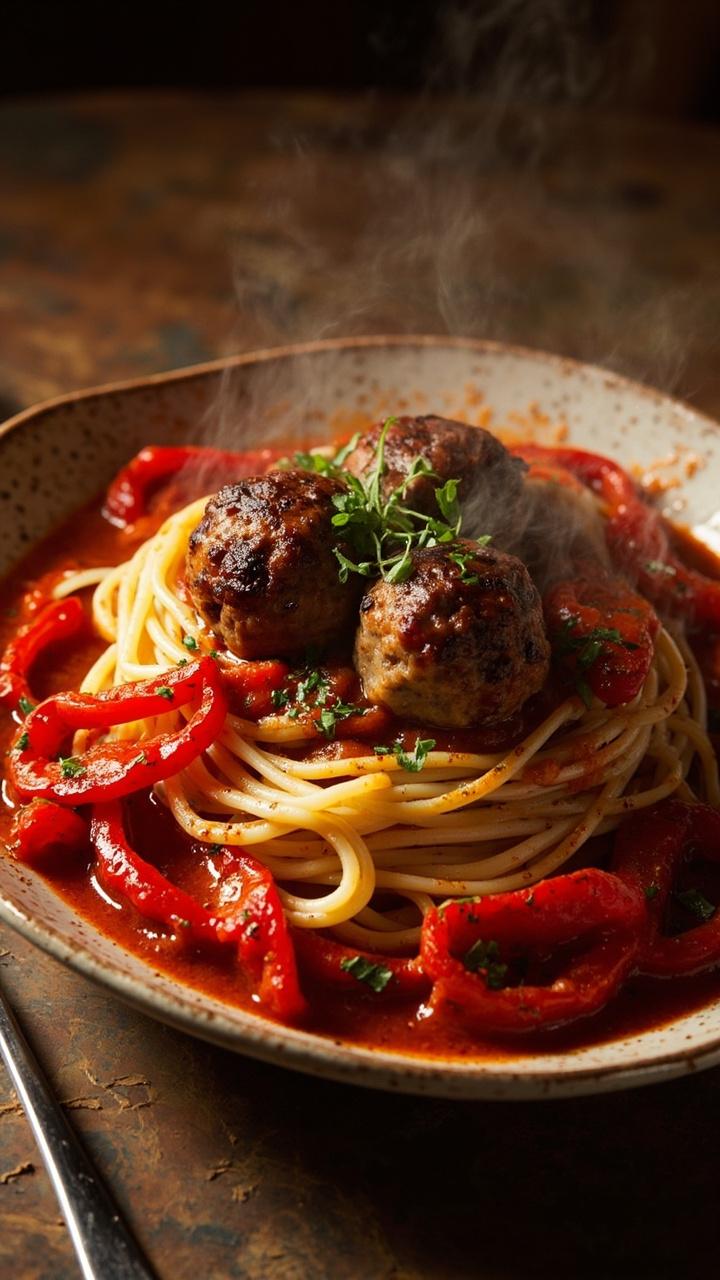 A deep plate with bright red roasted pepper strips visible in the sauce three golden brown sausage meatballs spaghetti twirled under the meatballs a sprinkle of parsley and a metal fork beside the plate